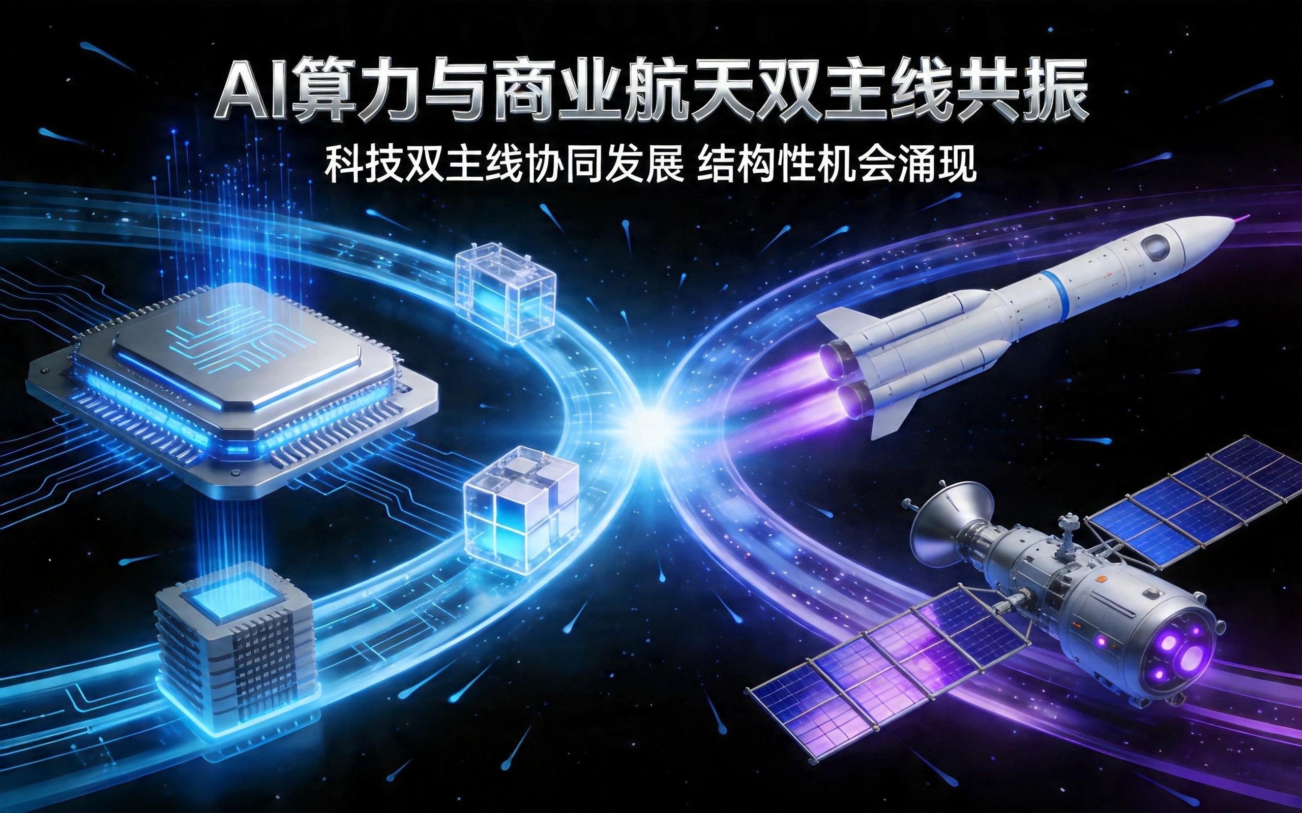 AI算力与商业航天双主线轨道汇聚,深空背景彰显科技共振
