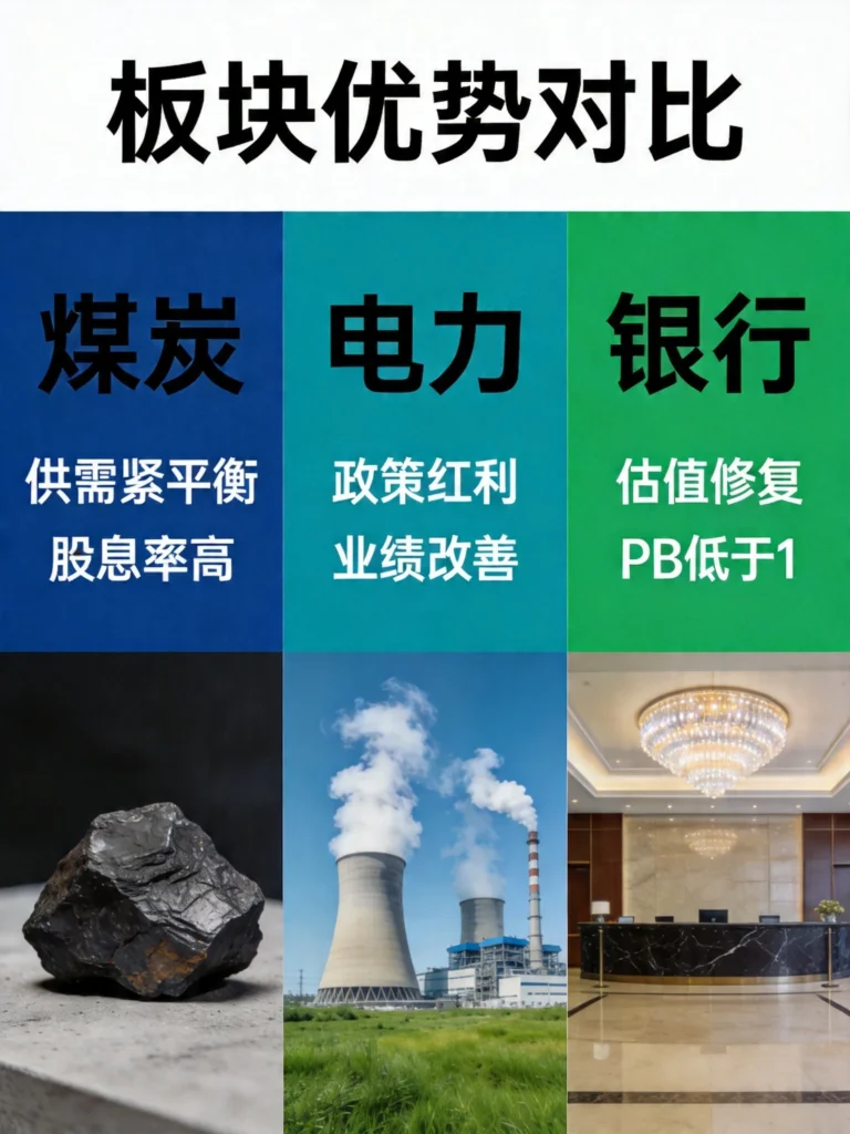 三大防御板块优势对比图,展示煤炭、电力、银行的核心配置逻辑
