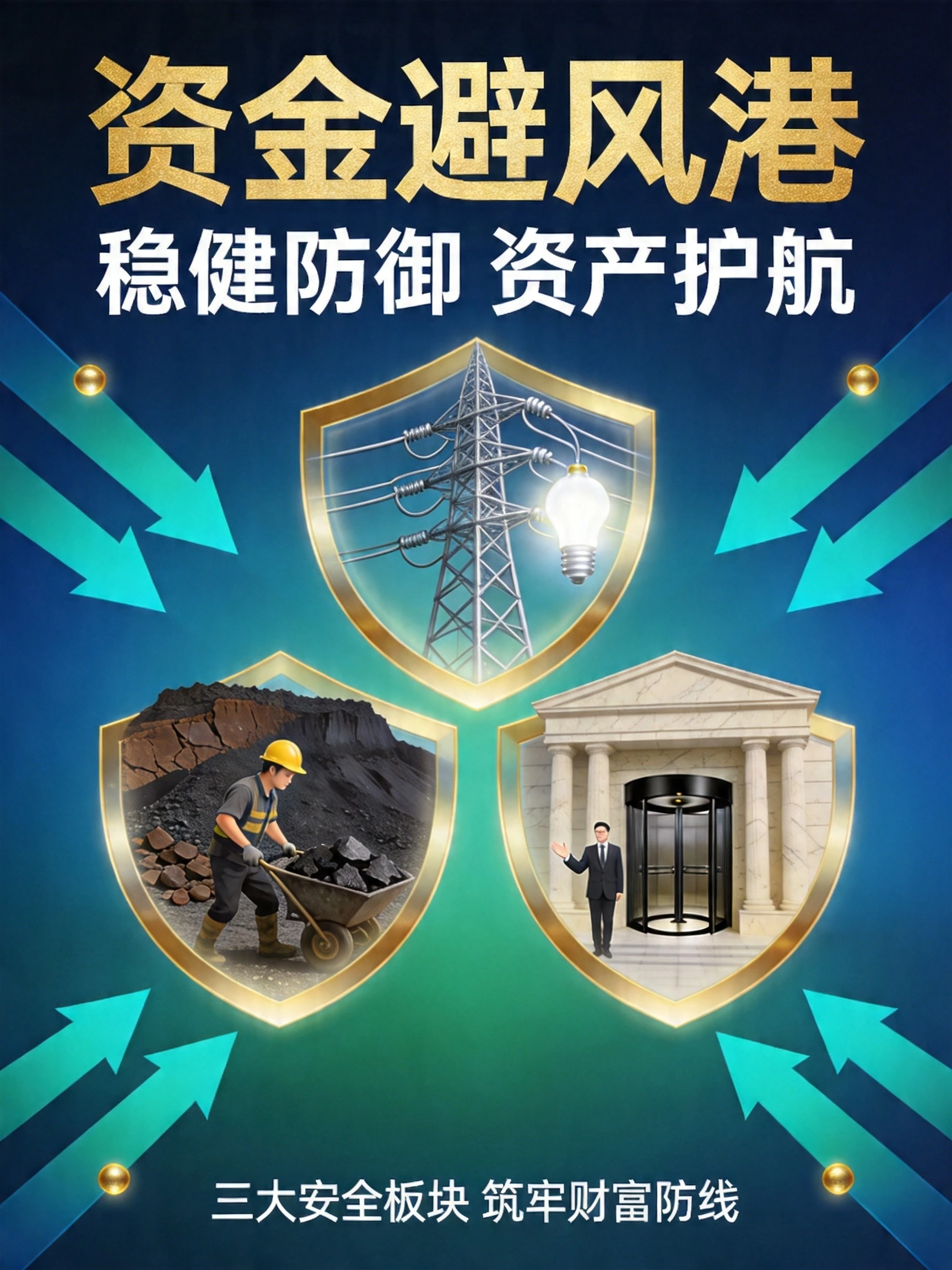 蓝绿金色调的资金避风港视觉,煤炭、电力、银行三大防御板块受资金青睐