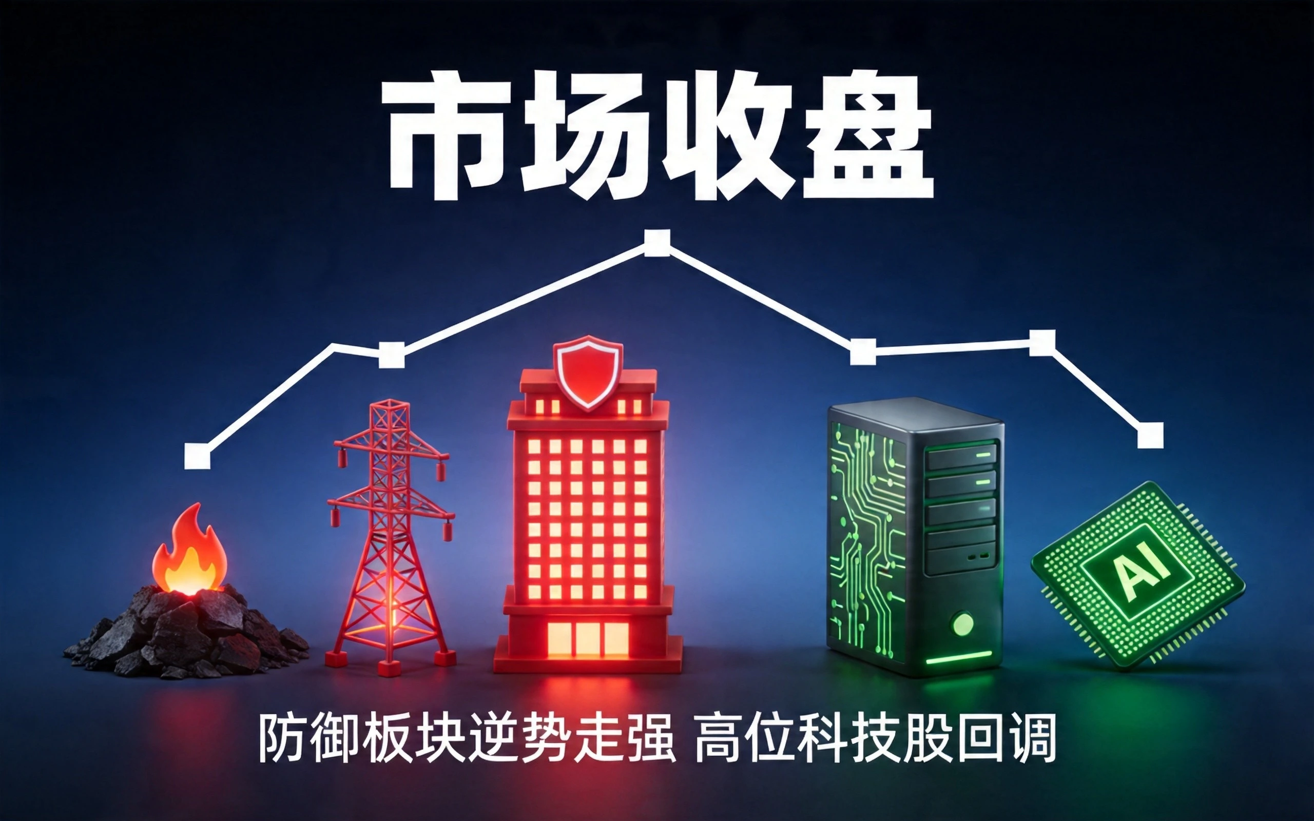 K线走势图显示指数回调,左右对比防御板块走强与科技股回调