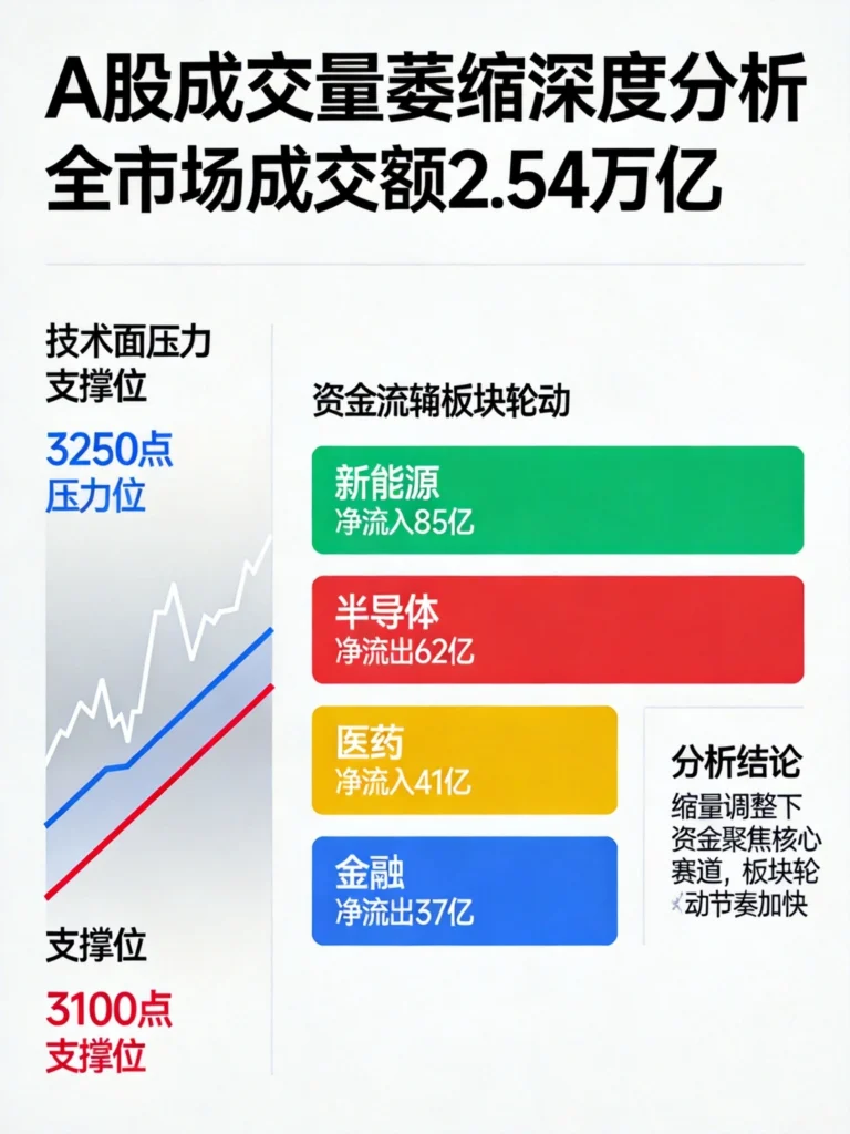 A股成交额2.54万亿萎缩数据及技术面压力支撑位分析图