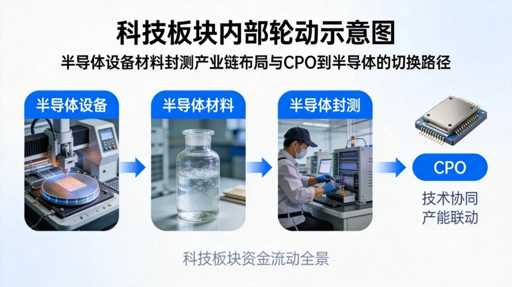 科技板块从CPO向半导体设备、材料、封测产业链轮动布局示意图
