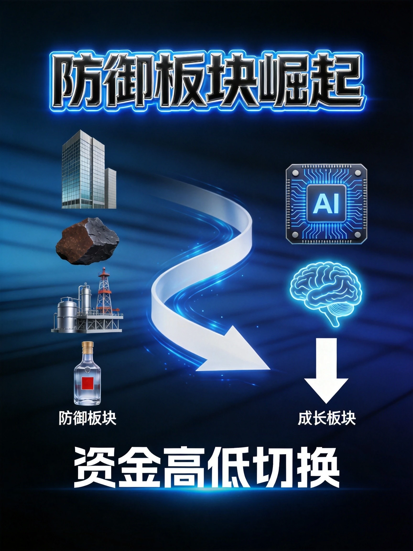 防御板块崛起封面，展示资金从成长板块向银行煤炭等高股息资产迁移