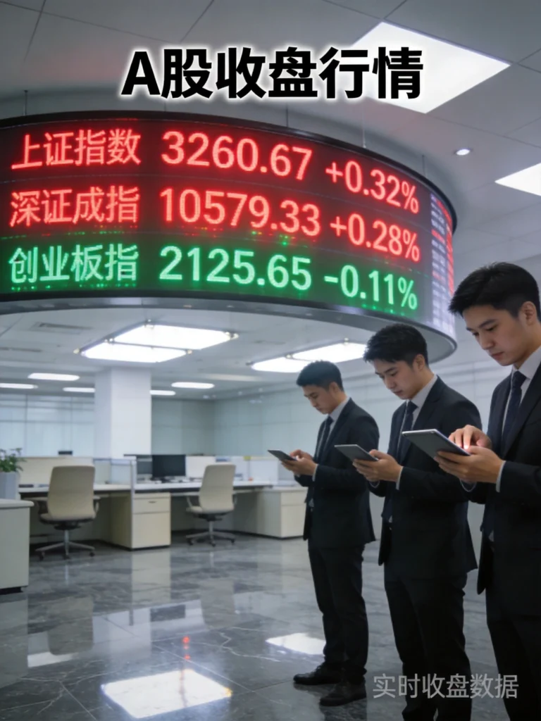 A股收盘行情实时显示场景,三大指数收盘数据与板块涨跌分化