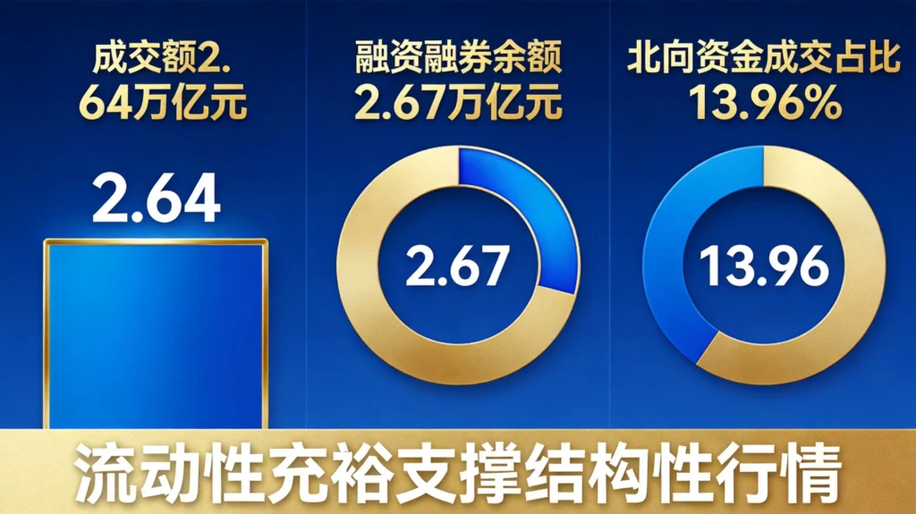 A股市场流动性数据图,融资余额2.67万亿,北向资金成交占比提升至13.96%