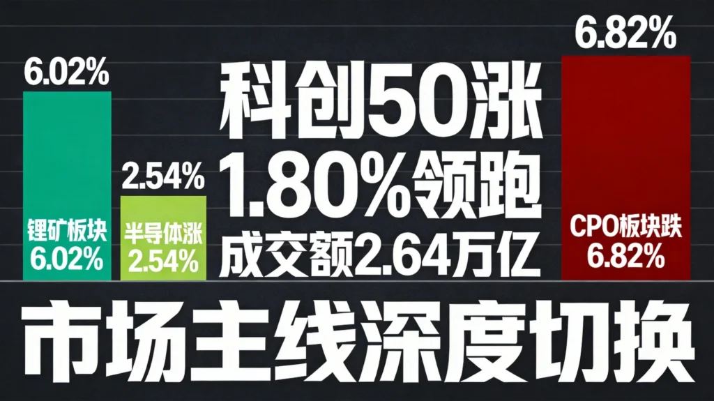 锂矿板块涨6.02%爆发,CPO跌6.82%回调,资金从高位题材向硬科技转移