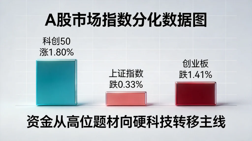 A股三大指数分化数据对比，资金从高位题材向硬科技赛道战略转移