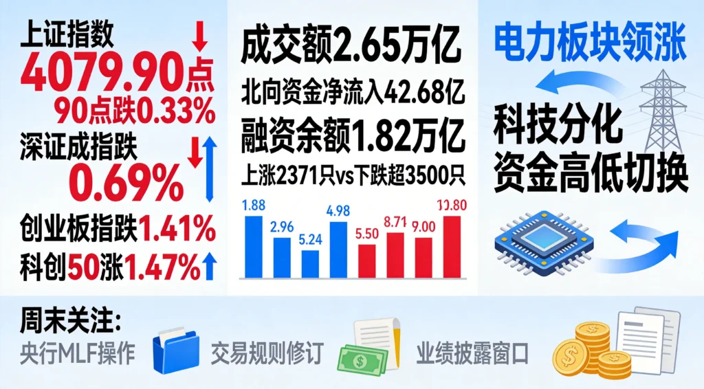 A股收盘数据汇总:成交额2.65万亿,北向净流入42亿,电力板块领涨
