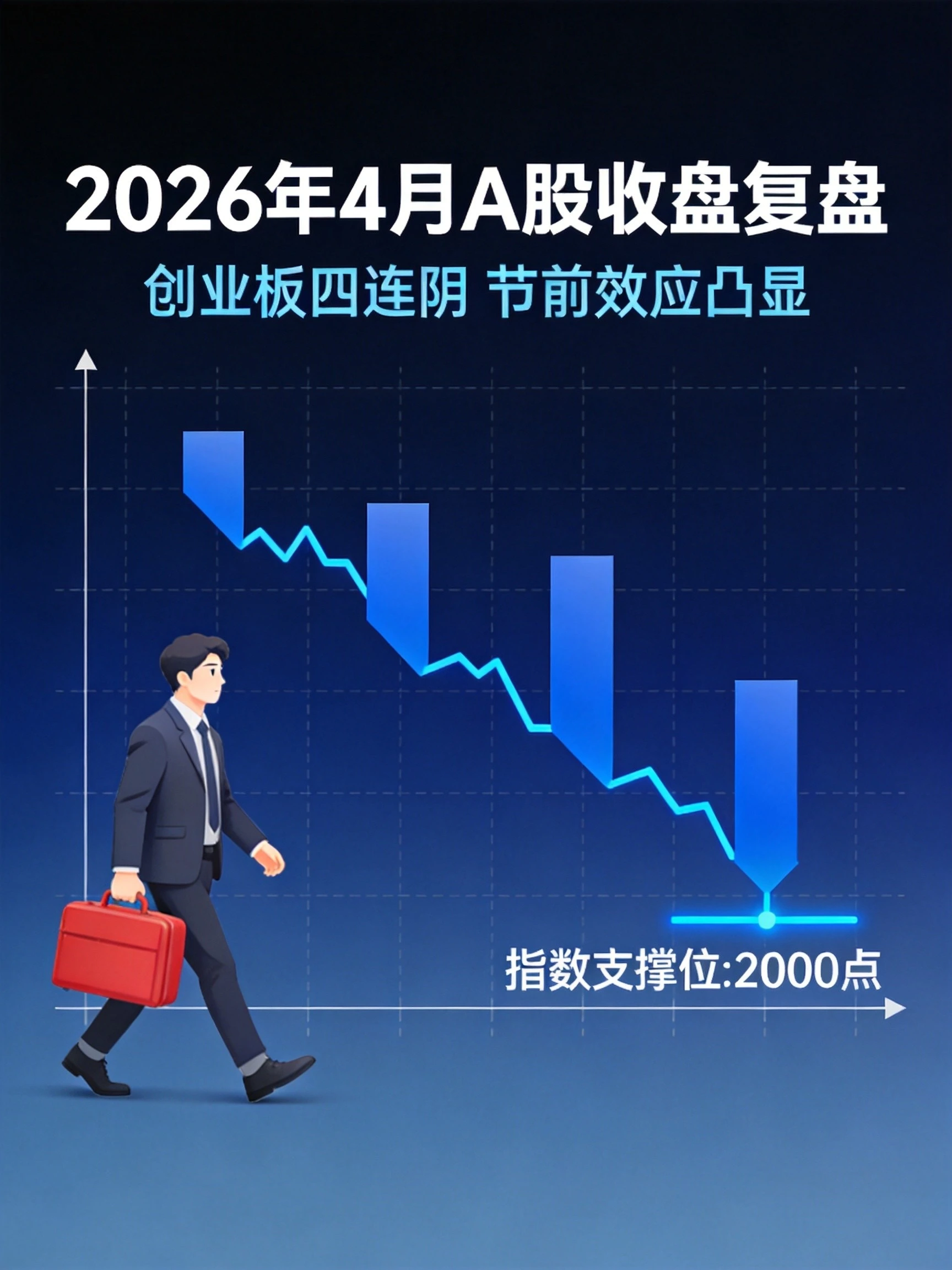 2026年4月A股收盘复盘封面,展示创业板四连阴与节前调整主题