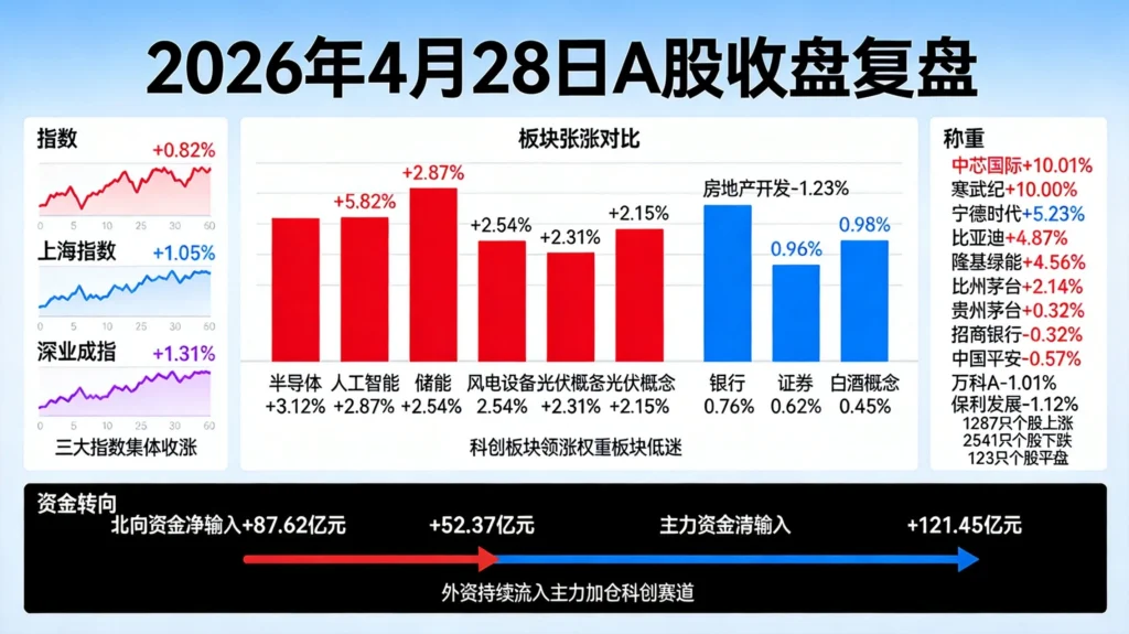 2026年4月28日A股收盘复盘图,含指数表现、板块涨跌、资金流向数据
