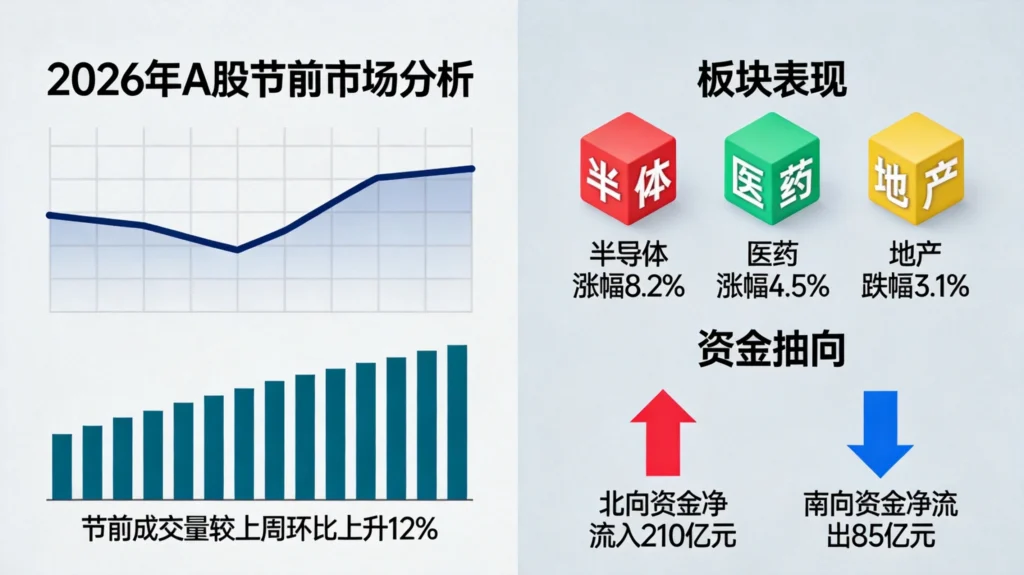 2026年A股节前市场分析图,含指数走势、量能数据、板块分化信息