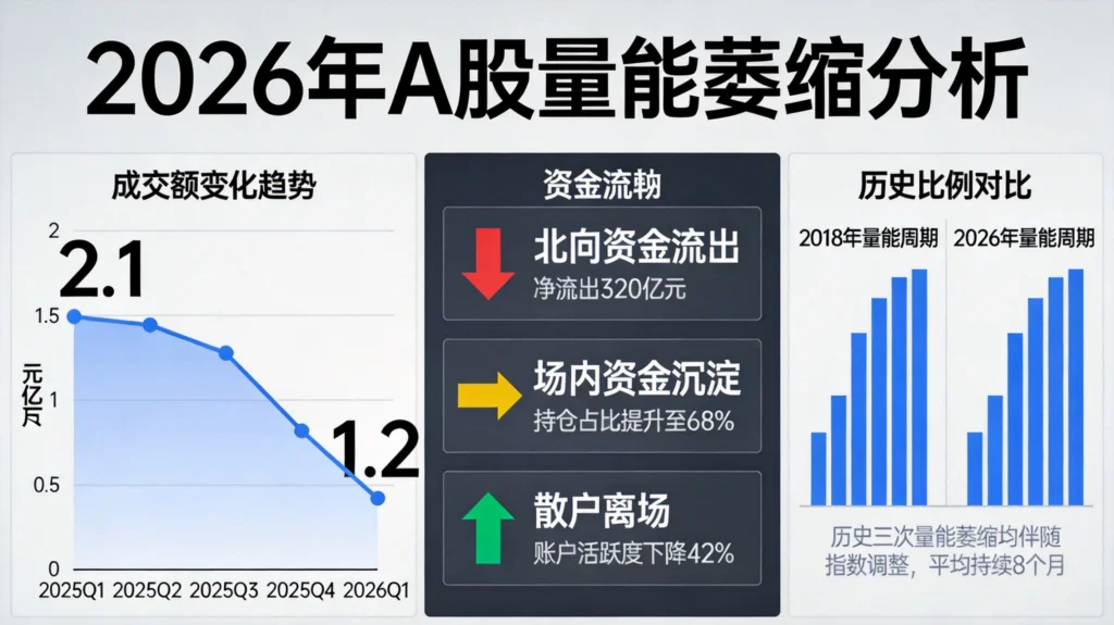 2026年A股量能萎缩分析图，含成交额变化、资金流向、历史对比数据