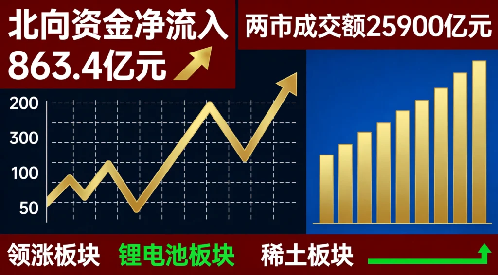 A股4100点拉锯战数据可视化,北向资金流入86亿成交2.59万亿,锂电稀土板块领涨