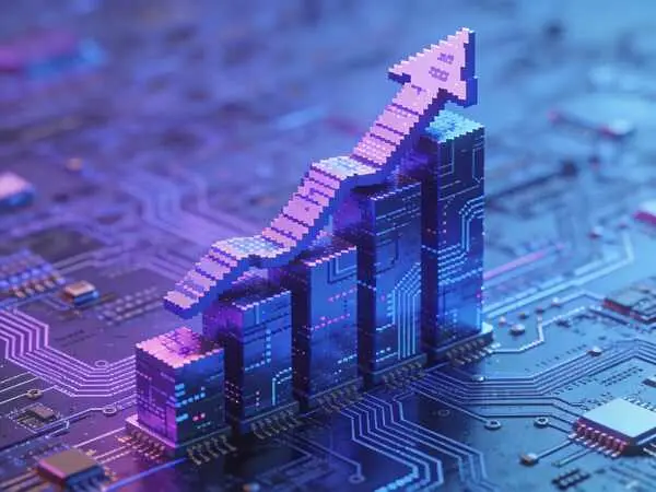 3D科技数据图,上升箭头电路板纹理