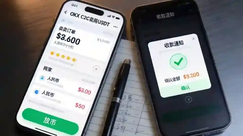 双手机并列:左OKX卖币订单右到账通知
