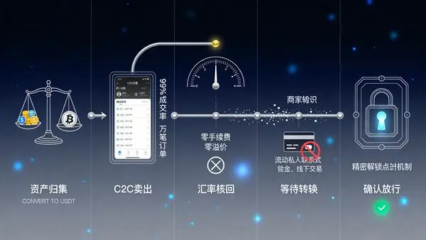 资产归集→C2C卖出→汇率核对→等待转账→确认放行五步出金流程
