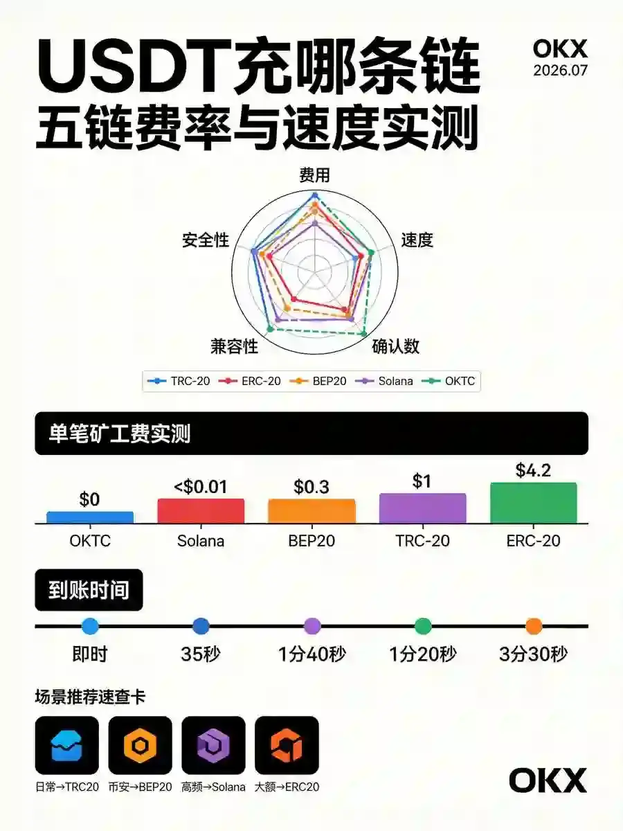 充USDT选哪条链？TRC20、ERC20、Solana费率与速度实测对比