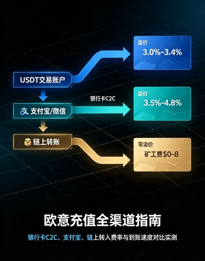 充值全渠道指南:银行卡C2C、支付宝、链上转入费率与到账速度对比实测